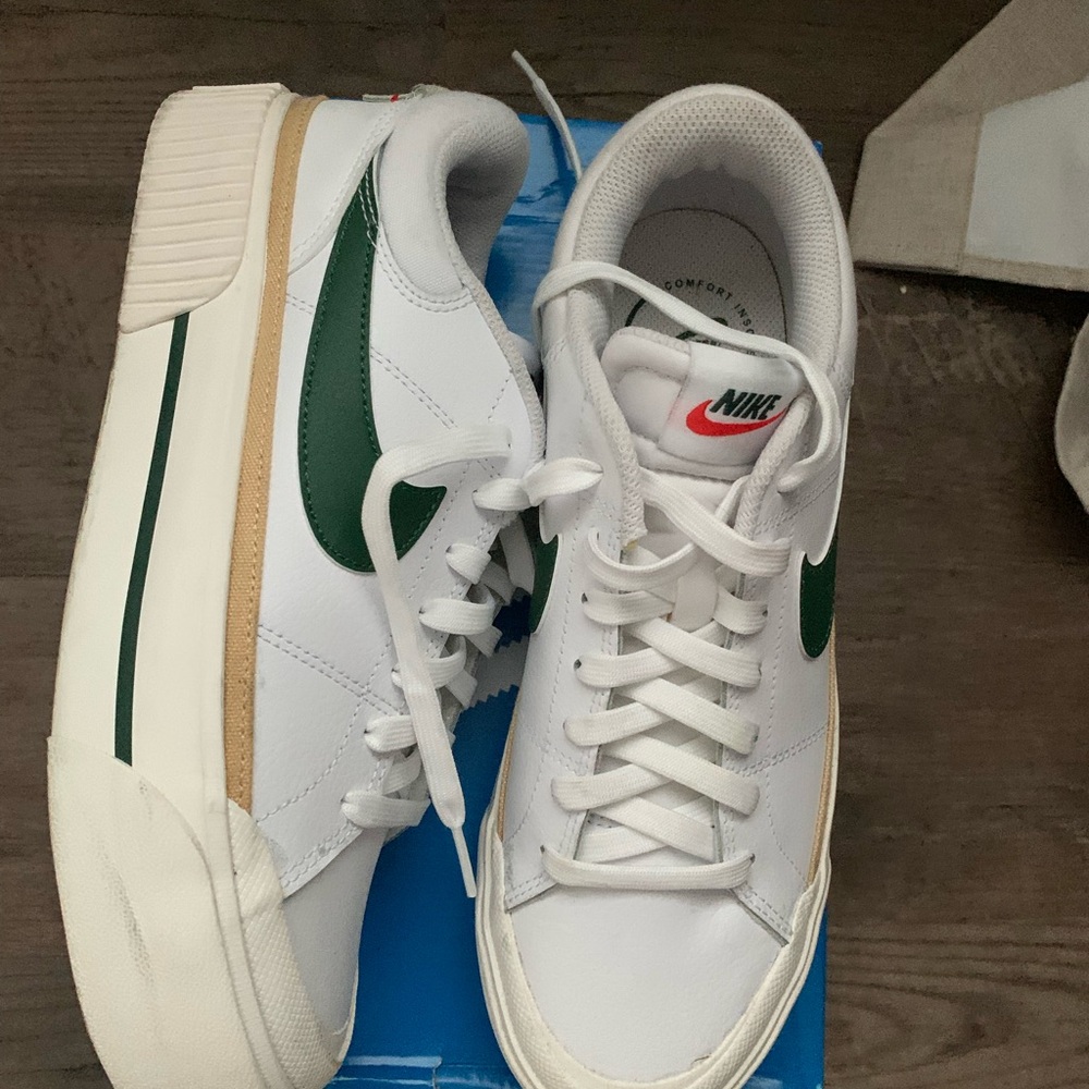 Nike Court Legacy Lift Platform White and Green Sneakers with Tan Accents - Picture 5 of 7